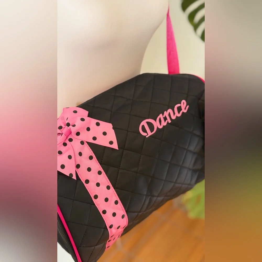 Black Quilted Dance Bag with Pink Ribbon